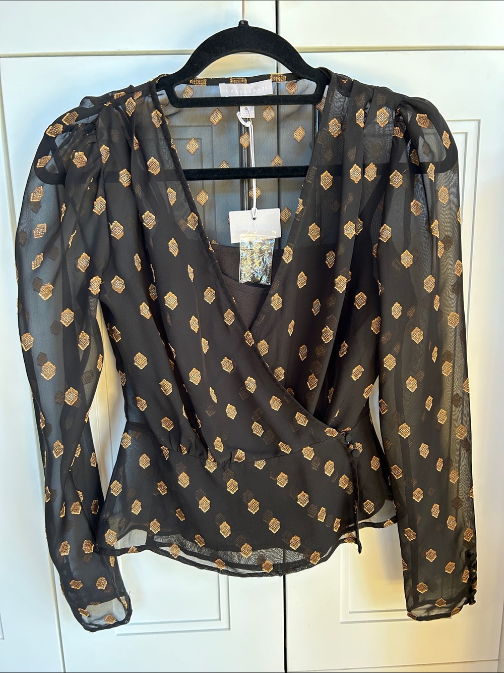 Chelsea 28 Chiffon Wrap Blouse with Gold Dot Detail - Black